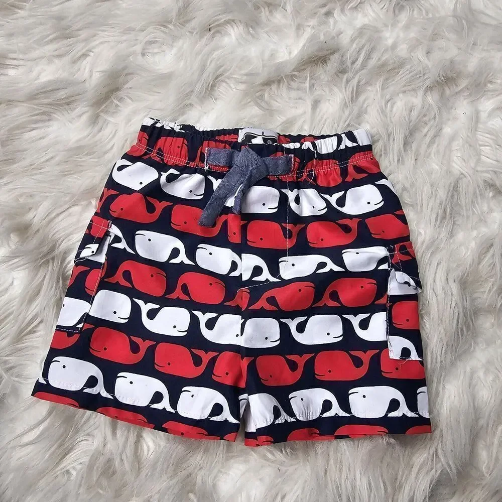 Mud Pie Red White Blue Whale Print Swim Trunk Baby Boy Size 0-6 Months Lined